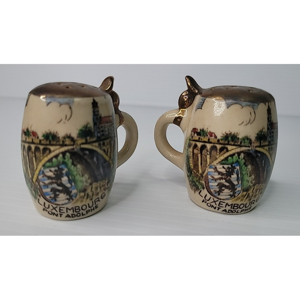 Vintage Luxembourg 2" Beer Stein Salt & Pepper Shakers Set Original Stoppers
